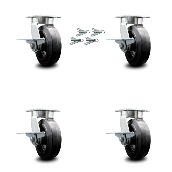 6 Inch Kingpinless Rubber on Steel Wheel Caster Set Brake and Swivel Lock SCC